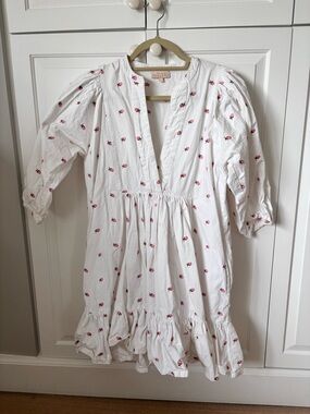byTiMo White Cotton Mini Dress with Pink Floral Embroidery